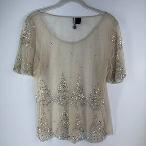 BKE Boutique Sheer Sequin Blouse – Size Small – Champagne Nude – Elegant Overlay